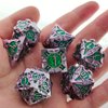 DND Dice Set Metal RPG Dice Set D&D Polyhedral Metal Dice Tabletop Game MTG D20 Dice Accessories Black Leather Storage Pouc - Purple-Green