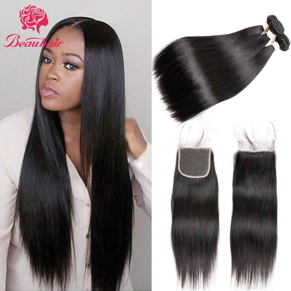 Beauhair 7A Brazilian Straight Hair 3 Bundles with Lace Closure (8 10 12+12 Free Part closure) Virgin Human Hair Weave 100% Unprocessed Human Natural Black Straight Remy Hair Extensions