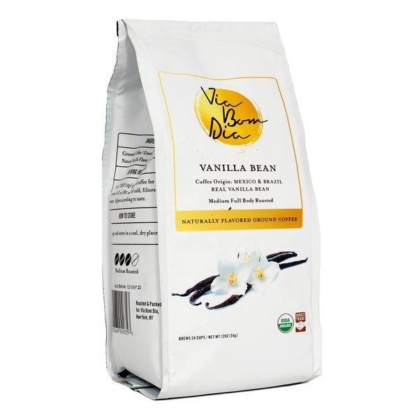 Via Bom Dia 100% Naturally Flavored Ground Coffee, Vanilla Bean, Medium Roast, No Artificial Flavors, 12 oz. Bag Great Stocking Stuffer for Coffee Lover