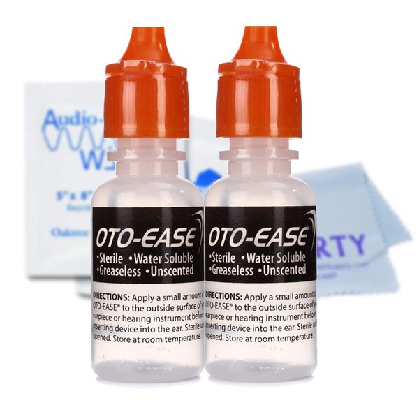 Patin OTO-Ease Custom Earmold Lubricant (2 Pack / 0.5oz Bottle) - Lubricate Ear Plugs, Hearing Aids, Includes AudioWipes Cleaning Towelettes and Liberty Micorfiber Cloth, Purple, 5 Piece Set