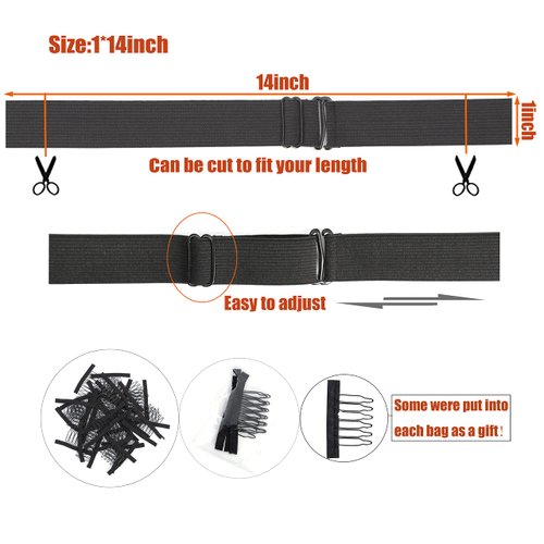 12PCS Elastic Bands For Wig Edges, Adjustable Wig Bands For Wigs And Wig Caps, Adjustable Wig Straps For Keeping Wigs in Place, Secure Wig Band for Lace Front, 1 * 14 inch（Black*12Pcs)