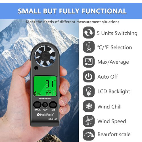 HOLDPEAK Pocket Anemometer Handheld Digital Wind Speed Meter Gauge Air Flow Velocity Temperature Measuring Device for Outdoor Sailing Surfing Drone Flying Golf Shooting HVAC 816B