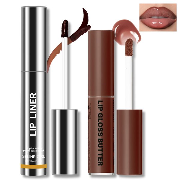 HOSAILY Peel Off Lip Liner Stain Tattoo, Long Lasting Waterproof Lip Stain Peel off, Tattoo Nude Lip Liner and Lip Gloss Combo, Non-Stick Cup Nourishing Lip Butter Gloss Set Lipstick Makeup