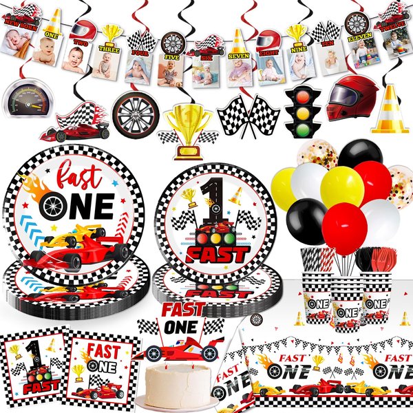 cocomigo 186pcs Fast One Birthday Decorations For Boys Tableware set, Fast One Birthday Decorations Fast One Banner Plates First Lap Around The Track Birthday Decorations Serve 25