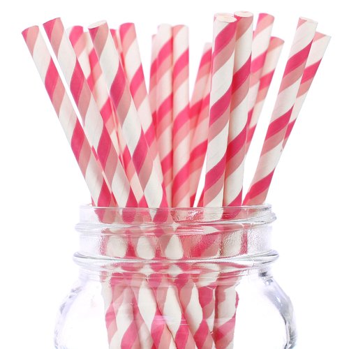 CleverDelights Pink Two-Stripe Paper Straws - 400 Pack - Pink/Light Pink Dual Stripe Design - Ecofriendly Biodegradable Drinking Straws - Bulk Carton