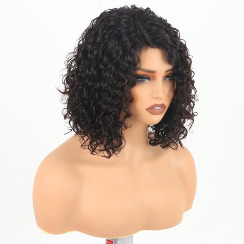 ManeMajesty Short Curly Human Hair Wigs for Black Women Deep Curly Glueless Wig Jerry Curl Side Part Lace Front Wigs 100% Brazilian Remy Human Hair Ready to Go Lace Bob Wig 10 Inch, Natural Color