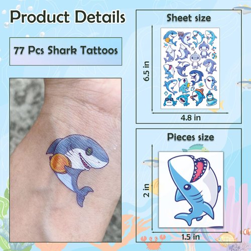 77 PCS Cute Shark Temporary Tattoos for Party Supplies, Cute Sea Shark Tattoo Stickers for Birthday Parties, Shark Tattoos Party Favor, Waterproof Tattoos. (Blue (77PCS))