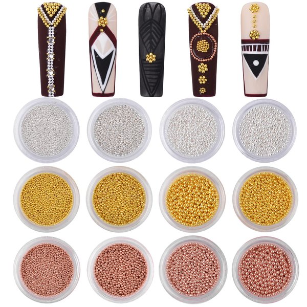 Sindy 12 Boxes Nail Metal Caviar Nail Beads Fashion Gold Silver Rose Gold Nail Steel Ball Nail Tools Design Kit Nail Accessories Manicure Tips for Women (Mixed 4size)