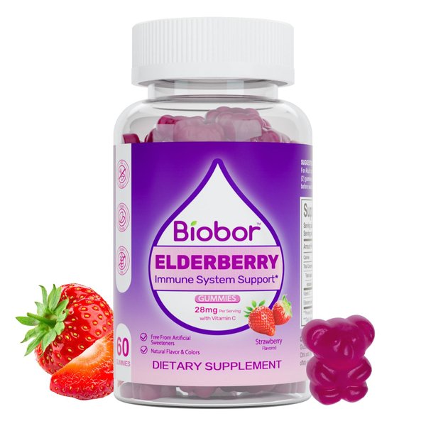 Biobor Natural Elderberry Gummies, Daily Immune Support Gummies with Vitamins C for Adults and Children Ages 4 Up, Gluten Free Vegan Elderberry Supplement (Strawberry, 60 Count)