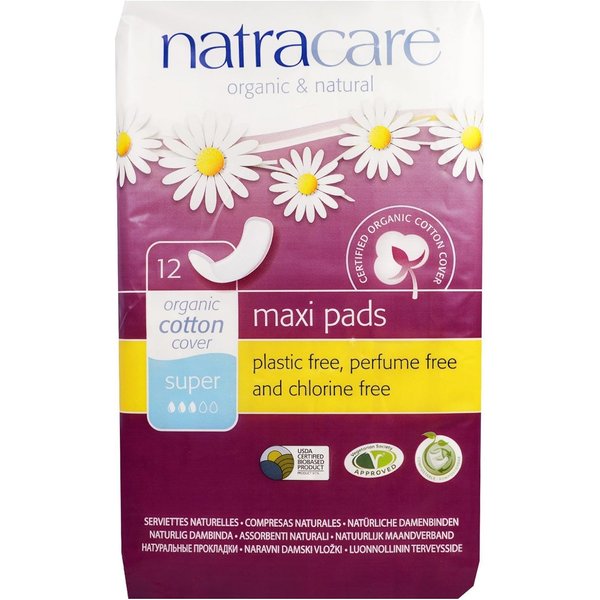 Natracare Maxi Pads Super with Organic Cotton Cover 12 ea (Pack of 2)