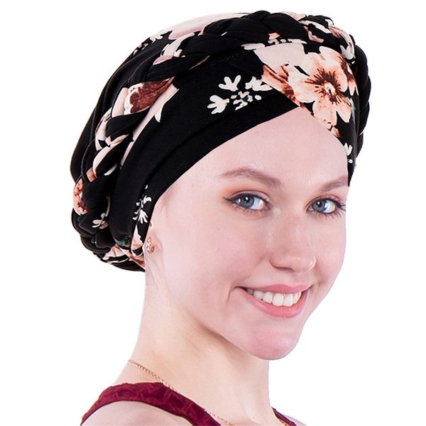 Awlsyj Chemo Cancer Head Hat Cap Ethnic Bohemia Pre-Tied Twisted Braid Hair Cover Wrap Turban Headwear (D Black Pink Flower)