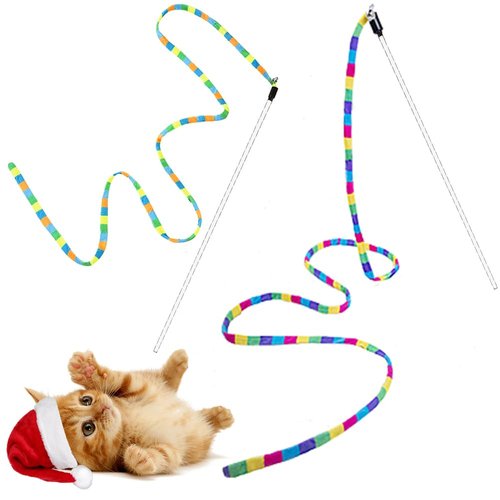 FYNIGO Interactive Cat Rainbow Wand Toys for Indoor Cats and Kittens,Extended Colorful Cat Teaser Wand String Plush Toy,Original Product Strong and Sturdy Pole with Bells(2 Pack)