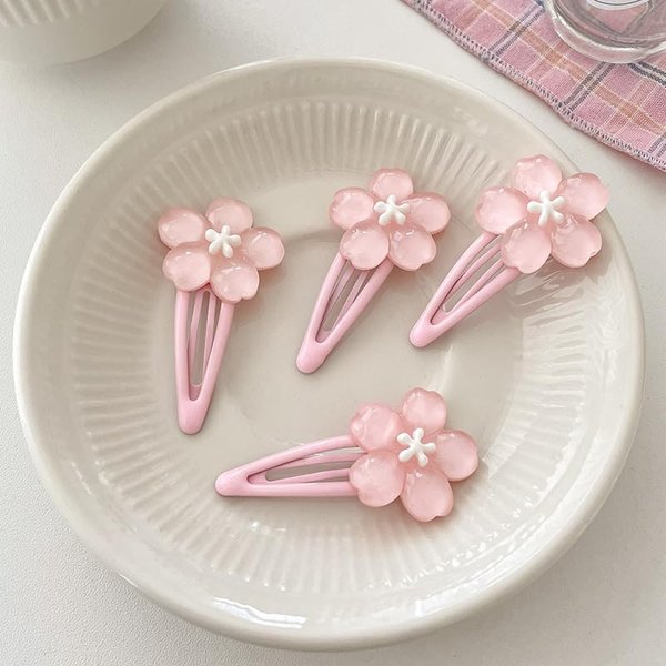 Cherry Flower Hair Clips for Baby Girls - 4Pcs Pink Sakura Flower Metal Snap Hair Clips Hair Barrettes Pink Hair Accessories for Girls Toddlers Kids and Teens Gifts