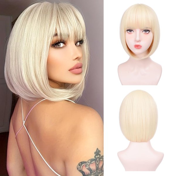 Aida ble Blonde Bob Wigs - 12'' Short 613 Bob Wigs for Women Bob Wig With Bangs Super Soft and Easy to Wear Straight Bob Wig, Colorful Synthetic Wig for Daily, Cosplay, Halloween