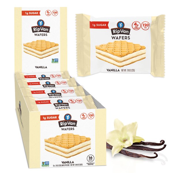 Rip Van Keto Wafer Cookies - Healthy Vegan Snack - Non GMO, Low Carb, Low Sugar (2g), Low Calorie - 16 Count (Vanilla)