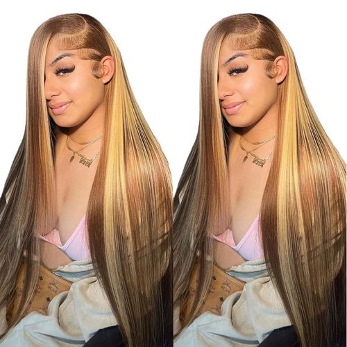 30 Inch 13x4 Highlight Ombre Straight Lace Front Wigs Human Hair Pre Plucked #4/27 Colored Glueless Wigs Honey Blonde Brazilian Lace Frontal Wigs Human Hair for black Women with Baby Hair