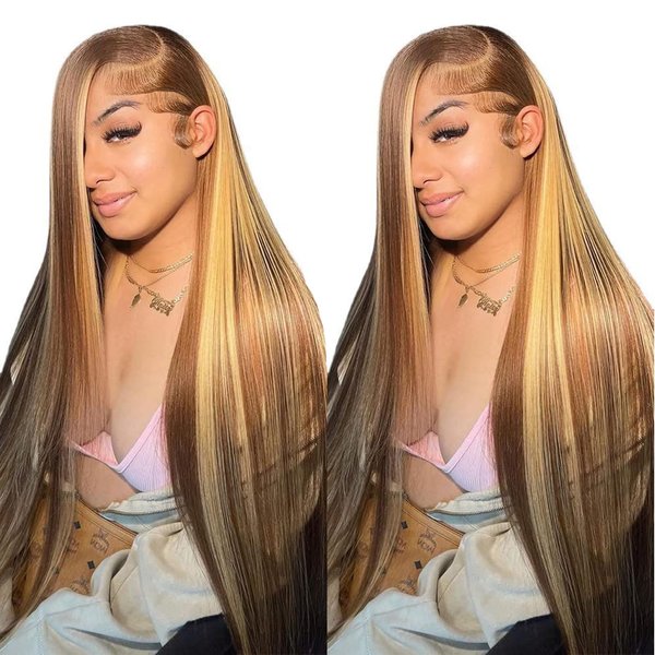 30 Inch 13x4 Highlight Ombre Straight Lace Front Wigs Human Hair Pre Plucked #4/27 Colored Glueless Wigs Honey Blonde Brazilian Lace Frontal Wigs Human Hair for black Women with Baby Hair