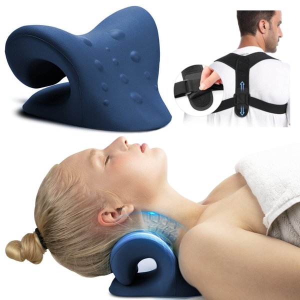 FSA HSA Eligible iBYWM Neck and Shoulder Relaxer with Posture Corrector Back Brace, Neck Stretcher Cervical Traction Device for Spine Alignment, Upper Back Support Adjustable Straightener (Dark Blue)