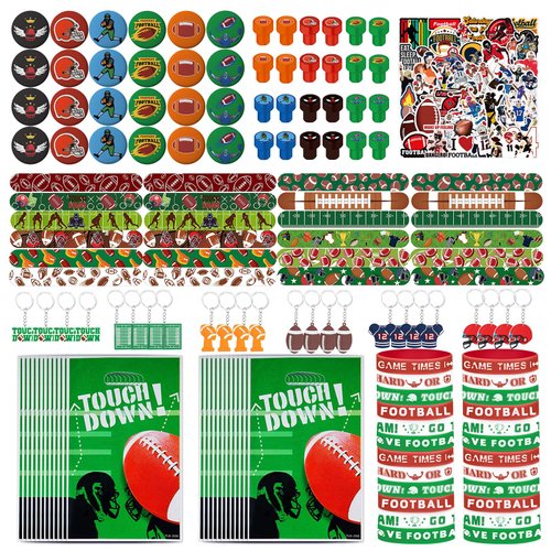 emzrivo Football Party Favors 244 Pcs Football Birthday Party Decorations With Goodie Bags Wristbands Stickers Keychains Stamps Slap Bracelets Badges for Football Party Supplies (Football)