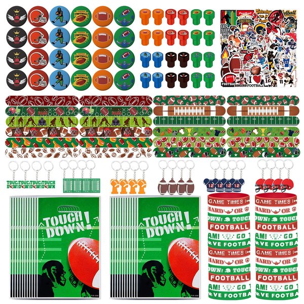 emzrivo Football Party Favors 244 Pcs Football Birthday Party Decorations With Goodie Bags Wristbands Stickers Keychains Stamps Slap Bracelets Badges for Football Party Supplies (Football)