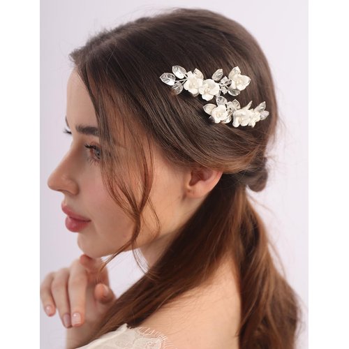 Rumtock 2pcs White Flower Silver Leaf Hair Comb Set for Wedding Brides Women Handmade Boho Jewelry