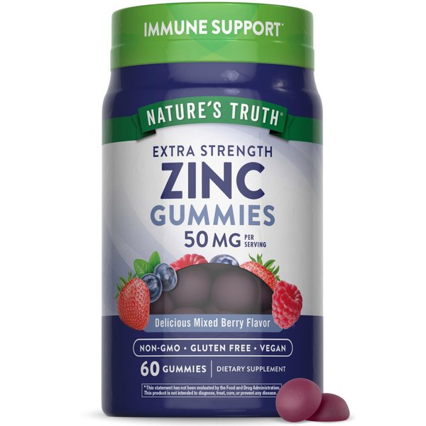 Nature's Truth Zinc Gummies for Adults | 50 mg | 60 Count | Vegan, Non-GMO & Gluten Free Extra Strength Supplement | Mixed Berry Flavor