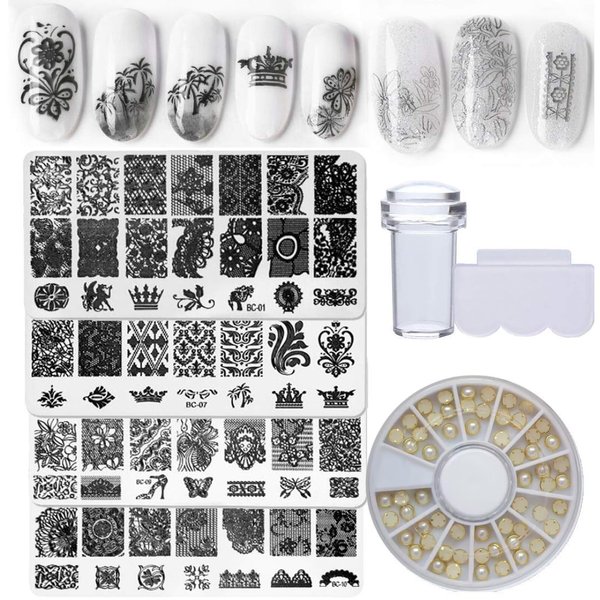 Nail Stamper Kit 4pcs Nail Art Stamping Plates Flower Leaves Image Template with Clear Stamper and Scraper Decoration Rhinestones for Nails Manicure DIY Design