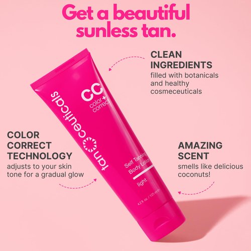 Tanceuticals CC Self Tanning Body Lotion - Light Self Tanner, Gradual Color Correcting & Natural Looking Sunless Tan – Quick Fake Tan, Bronze Glow - Fresh Coconut Scent and Healthy Ingredients