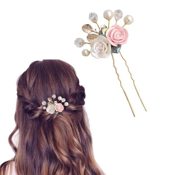 Vintage Big Flower U Shape Hair Clips, Rhinestone Hair Clips French Pearl Barrettes, Wedding Crystal Hair Pins Hair Accessories for Women Girls Bride Bridesmaid