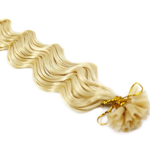 New 25 Strands Deep Wave Curly Pre Bonded U Nail Tip Fusion Remy Human Hair Extensions 22" Inches # 613 Lightest Blonde