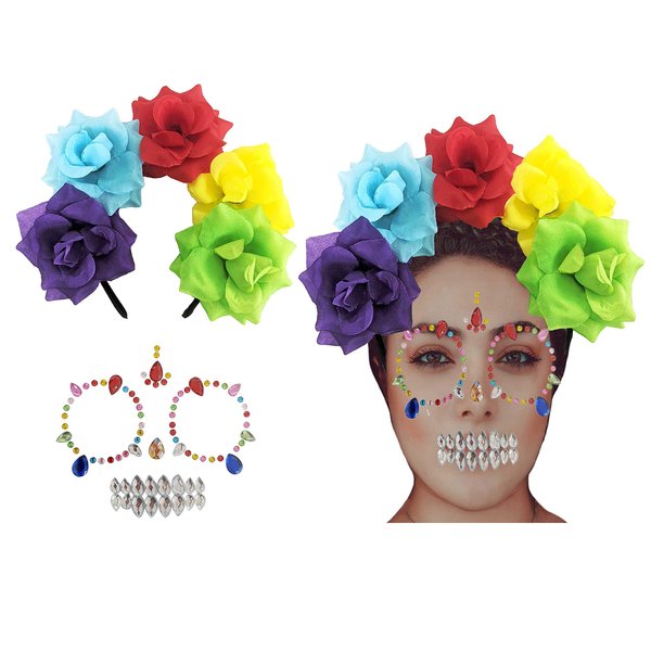 Halloween Day of the Dead Face Gem Tattoo Sugar Skull Face Glitter Jewelry Flower Crown Rose Headband Costume Kit for Girls Teens