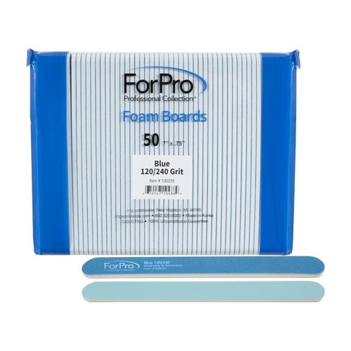 ForPro Professional Collection Blue Foam Board, 120/240 Grit, Mylar Manicure and Pedicure Nail File, 7” l x .75” w, 50 Count