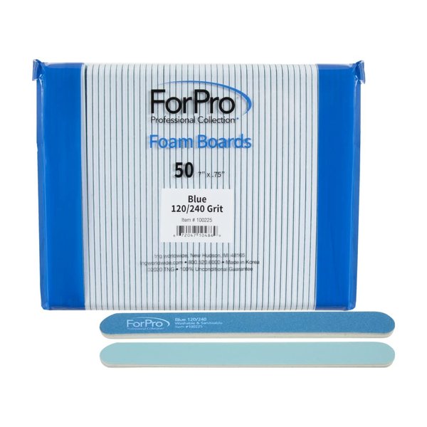 ForPro Professional Collection Blue Foam Board, 120/240 Grit, Mylar Manicure and Pedicure Nail File, 7” l x .75” w, 50 Count