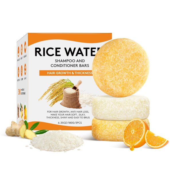 Pubpok Rice Water Shampoo Bars and Conditioner Set for Hair Growth, Nature Organic Ginger Rice Water Shampoo Bar, Orange Solid Soap Hair Strengthening Conditioner, Anti Hair Loss, PH Balanced