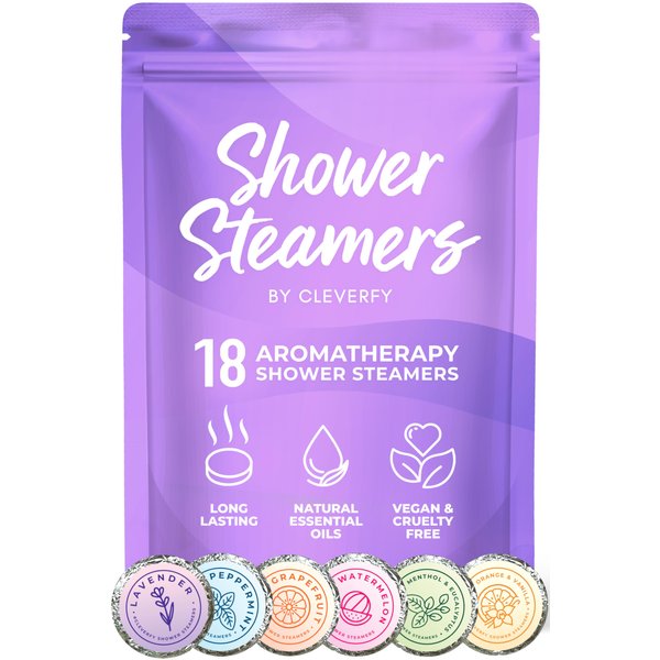 Cleverfy Shower Steamers Aromatherapy - 18 Pack of Shower Bombs with Essential Oils. Personal Care and Relaxation Birthday Gifts for Women and Men. Purple Set