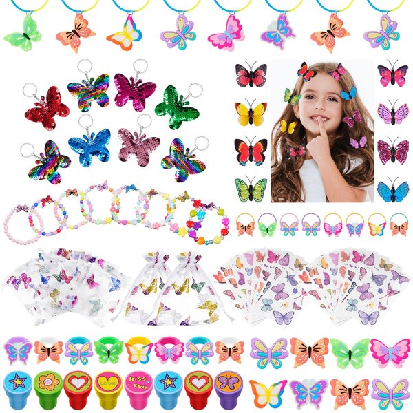 Huquary 80 Pieces Butterfly Party Favors Girls Fairy Butterfly Party Supplies Butterfly Bracelets Necklaces Rings Keychain Tattoos Hair Clips Ties Stampers Pins Bags for Birthday Party Decoration