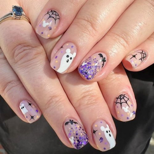 24Pcs Halloween Press on Nails Short Square Fake Nails with Spider Web Bat White Ghost Designs Halloween Acrylic Nails Full Cover False Nails Purple Glitter Cute Glue on Nails for DIY Halloween Nails