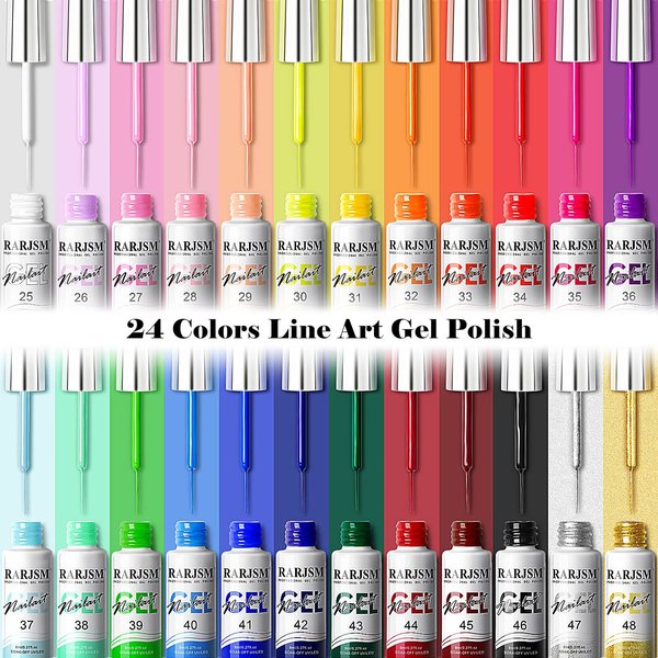 RARJSM Nail Art Gel Liner 24 Color Line Art Painted Gel Nail Polish Set Pink Blue Green Silver Gold Glitter for Nails Painting Drawing Soak Off UV LED Curing Requires Bulid in Thin Nail Art Brush