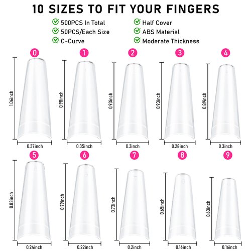 XIFEPFR Clear Coffin Nail Tips, 500PCS Half Cover False Nails Tips, Acrylic Nail Tips, 10 Sizes French Artificial Tips with Nail Glue Clipper Files Cuticle Fork for Nail Extension DIY
