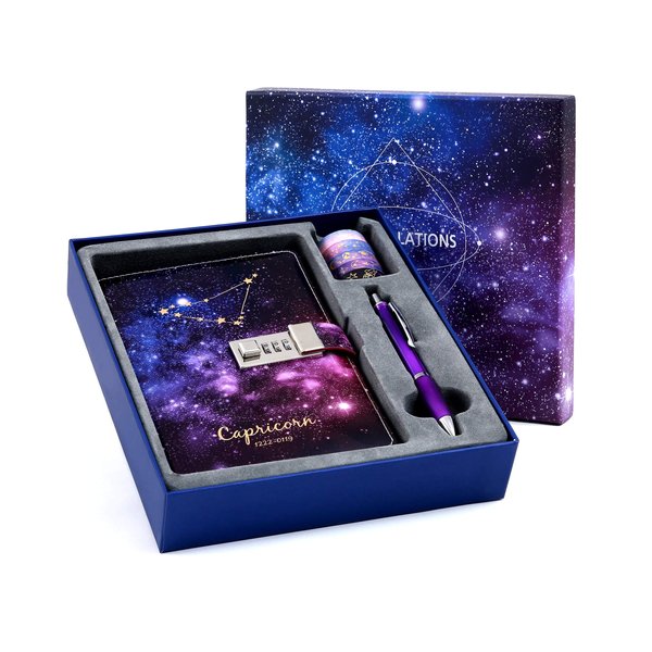 Starry Constellation Lock Diary Set Gift Box with Pen & Tapes for Kids Girls Boys Women Combination Lock Journal Notebook Best Luxury Travel Writing Diary for Anniversary Birthday Holiday （Capricorn）