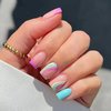 IMSOHOT Square Press on Nails Short French Tips Fake Nails Pink Blue Acrylic False Nails with Rainbow Designs Full Cover Glossy Glue on Nails for Women and Gilrs 24Pcs