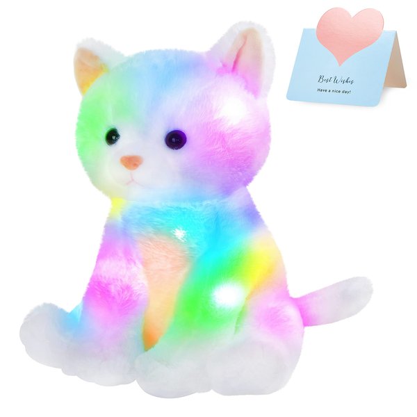 Houwsbaby Light up Cat Stuffed Animal LED Glowing Kitty Plush Toy Floppy Kitten Toy Night Lights Birthday Gifts for Kids Toddler Girls, White, 12''