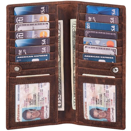 Long Wallet for Men Women Real Leather Bifold RFID Stylish Slim Handmade 2 ID Window Credit Card Holder in Gift Box (Cognac, Crazy Horse)