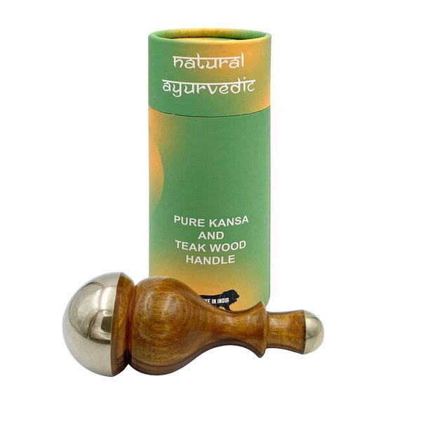 HEALTHANDWEALTH kansa Wand face Detox Bronze/Kansa Wand Body and Foot Massager with Wooden Handle for Detoxification and Deep Relaxation (Both Side Kansa Cap Medium & Mini)