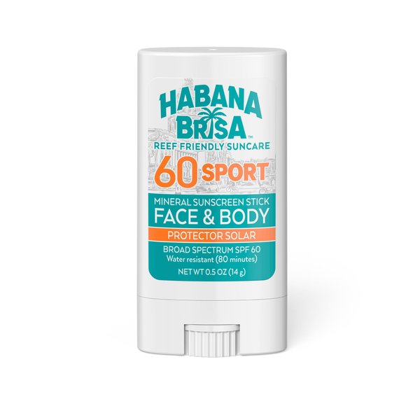 Habana Brisa Reef-Friendly Sport SPF 60 Mineral Sunscreen Stick, Broad Spectrum UVA/UVB Protection, Unscented, Water Resistant (80 Minutes), Face & Body, Made in USA - 0.5 oz