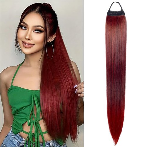 VAVANGA 28inch Long Ponytail Extension with Hair Tie, Ombre Red Yaki Straight Ponytail Thick Braiding Hair Ponytail Natural Fake Pony Tails Hairpiece for Women (#1BT39)