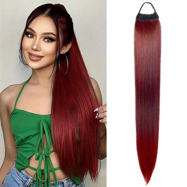 VAVANGA 28inch Long Ponytail Extension with Hair Tie, Ombre Red Yaki Straight Ponytail Thick Braiding Hair Ponytail Natural Fake Pony Tails Hairpiece for Women (#1BT39)