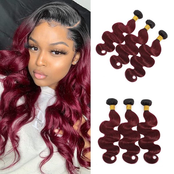 Feelgrace 100% Real and Virgin Brazilian Human Hair Extension Bundles Ombre Burgundy Body Wave Human Hair Weave 3 Bundles 300 Gram (8 10 12 inch)