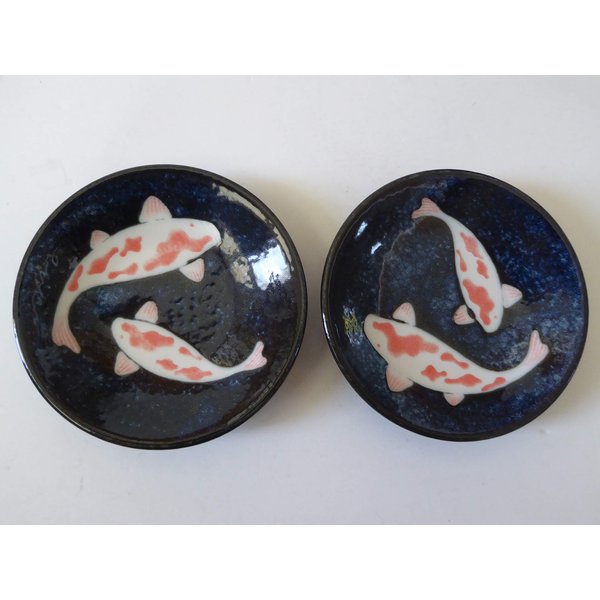 2 PCS. Japanese 3.5"D Soy Sauce Dishes NISHIKI KOI Fish Ceramic /Make Japan