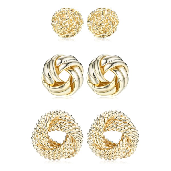FIBO STEEL 3 Pairs Gold Knot Earrings For Women Men 14K Gold Plated Woven Ball Stud Earrings Simple Post earrings For Women Gold